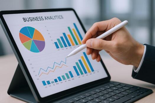 Data Analysis on Tablet Display Business Intelligence, Financial Graphs and Charts for Strategic Planning photo