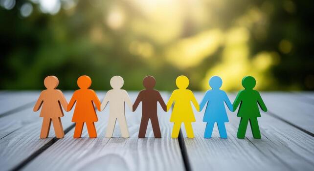 Diverse Paper Figures Holding Hands Symbolizing Unity, Equality, and Togetherness Against Natural Bokeh Background photo