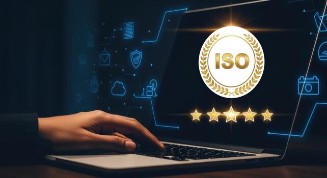 Laptop Displaying Quality Standards Compliance with Five Star Rating, Demonstrating Excellence in Business photo