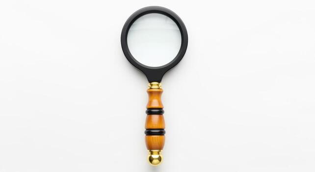 Magnifying Glass with Wooden Handle on White Background for Research, Investigation, and Business photo