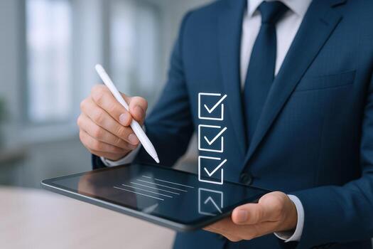 Businessman Completing Digital Checklist on Tablet with Stylus, Representing Task Management and Efficiency in Business photo