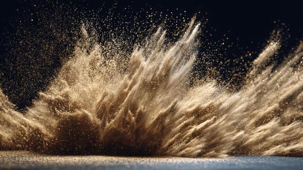 Dynamic Explosion of Golden Powder Abstract Motion and Particle Dispersion on Dark Background, Perfect for Design photo