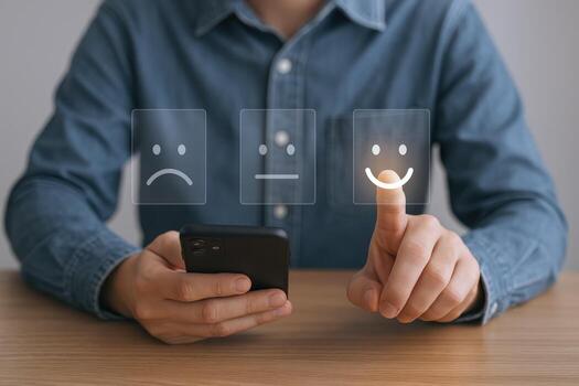 Customer Satisfaction Survey with Digital Interface Person Selecting Positive Feedback on Mobile Device for Business Evaluation photo