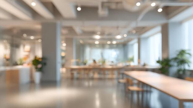 Blurry Office Interior Background with Tables and Chairs, Suitable for Overlaying Text or Graphics photo
