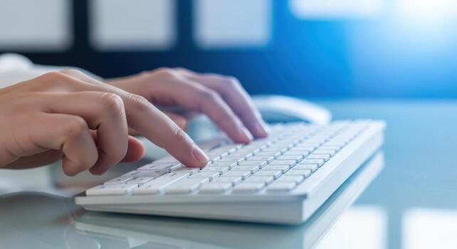Fingers Typing on White Keyboard for Business, Office, Data Entry, and Technology Concepts photo