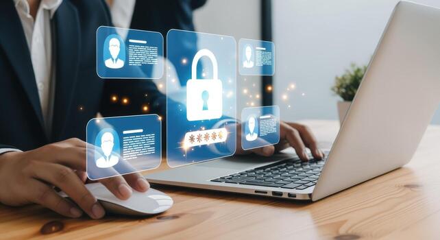 Data Security Concept Professional Securing Laptop with Firewall, Encrypted Password, and User Authentication Interface photo