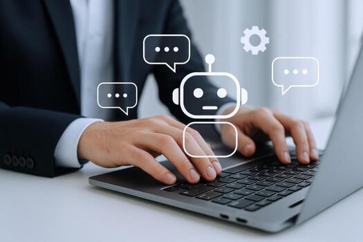 Businessman Using AI Chatbot on Laptop Streamlining Communication and Enhancing Productivity in Modern Business photo