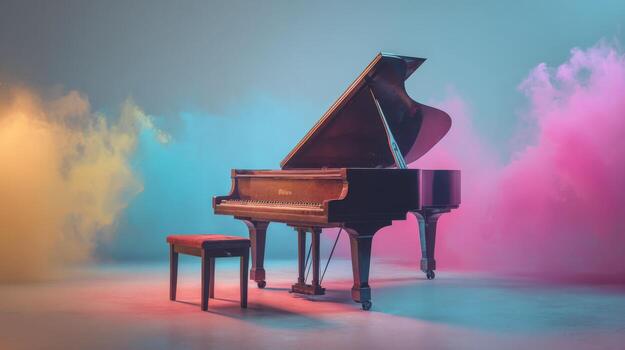 Grand Piano Performance in a Smoky Haze of Colorful Light, With Matching Bench photo