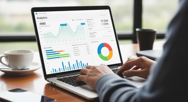 Data Analysis on Laptop Screen Showing Charts and Graphs for Business Strategy and Financial Planning photo