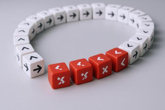 conceptual flecha dirección blanco cubitos en un circulo con rojo disidente cubitos, simbolizando elección y estrategia foto