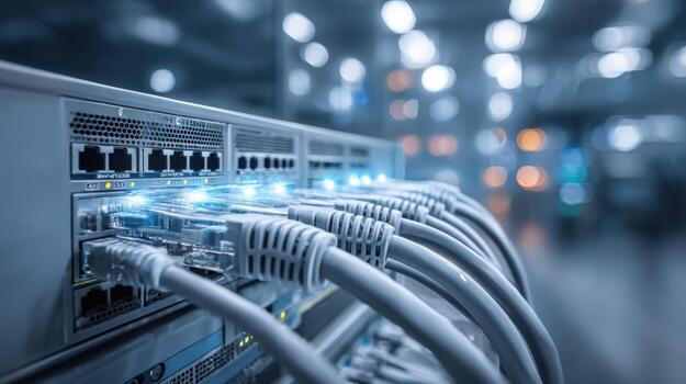 Network Cables Connected to a Switch in a Data Center for High Speed Internet photo
