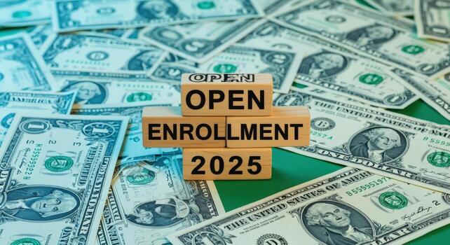 abierto inscripción 2025 concepto de madera bloques con texto rodeado por unido estados moneda en verde antecedentes foto