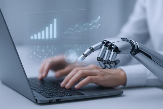 AI-Powered Financial Analysis Human Hands and Robot Arm Analyzing Data on Laptop with Graphs photo