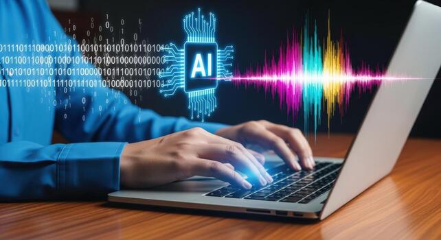 Artificial Intelligence Integration Person Typing on Laptop with AI Graphic Overlay for Future Technology photo