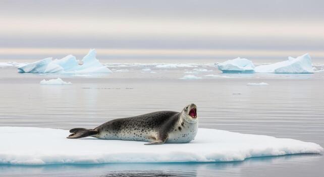 Leopard Seal Resting on Ice Floe in Antarctica with Open Mouth Calling Out photo