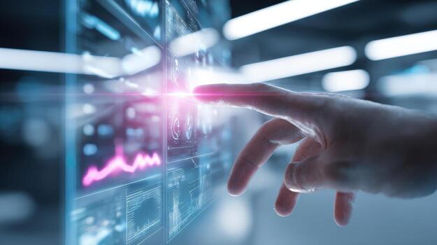 Hand Interacting with Digital Interface Displaying Data Visualization and Charts for Business Analysis and Technology Solutions photo