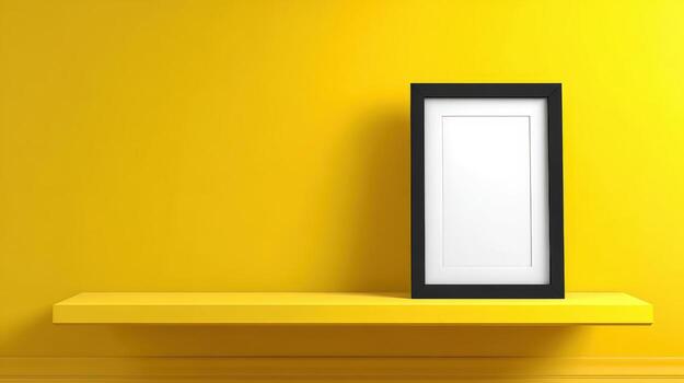 Framed Mockup on a Shelf Against a Vibrant Yellow Wall, Ideal for Art or Product Display photo