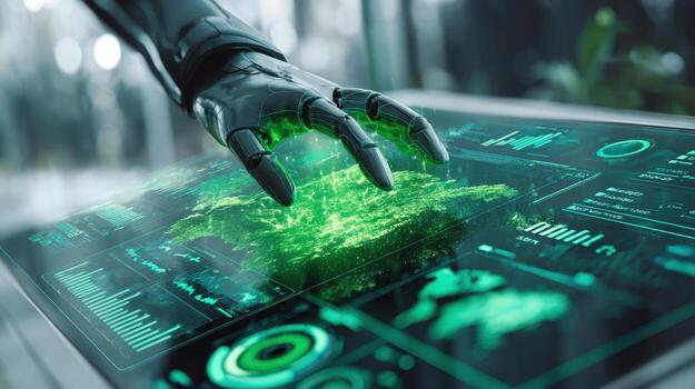 Advanced Robotic Arm Interacting with a Futuristic Touchscreen Display Showing Complex Data and Green Energy Visualization photo