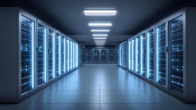Data Center Interior with Rows of Servers and Blue Lights for Data Storage and Processing photo