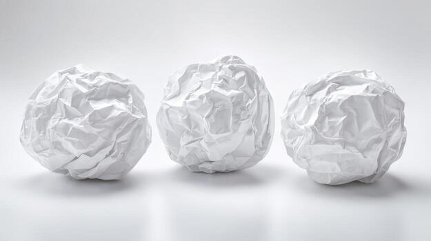 Crumpled Paper Balls on White Background Suggesting Writers Block or Discarded Ideas photo