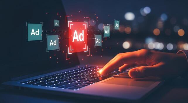 Digital Advertising Campaign Hand Typing on Laptop Keyboard with Virtual Ads Overlaying Screen photo