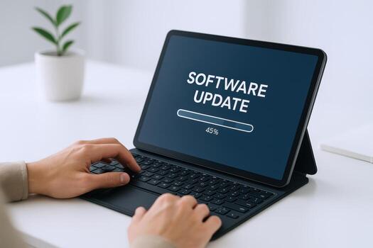 Software Update on Tablet Device Display, Progress Bar at 45 Percent on White Desk photo