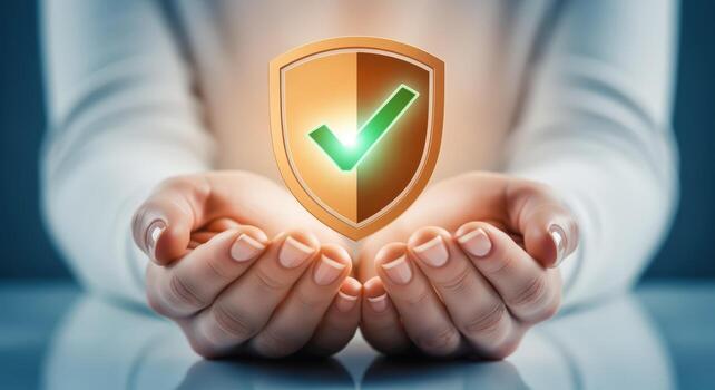 Shielded Security Woman Presenting a Protective Symbol of Validation, Safety, and Trust on a Defocused Background photo