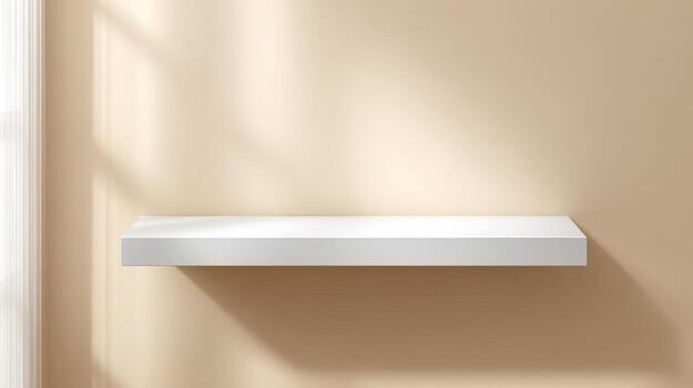 Minimalist White Shelf on Beige Wall with Window Light - Perfect for Product Mockups and Interior Design photo