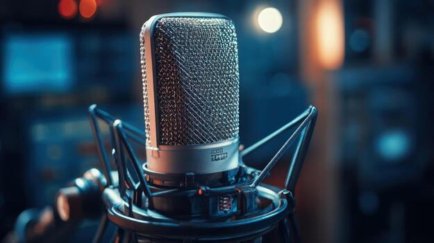 Studio Microphone Close-Up Professional Audio Equipment for Recording, Broadcasting, Podcasting and Performance in a Modern Setting photo