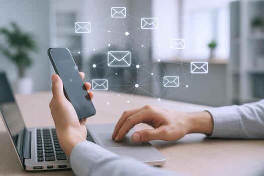 Professional Using Mobile Phone and Laptop for Email Marketing Campaign, Communication Strategy and Digital Technology photo