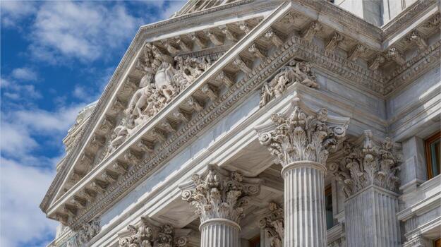 Architectural Grandeur A Detailed View of a Classical Building Facade with Intricate Ornamentation photo