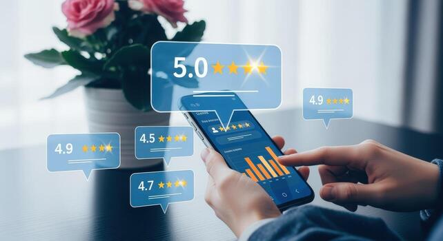 Customer reviews on smartphone screen showing satisfaction and rating analysis for business success strategy photo