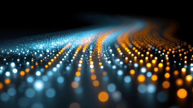 Abstract Data Stream Visualization with Blue and Gold Lights on Black Background for Technology Concepts photo