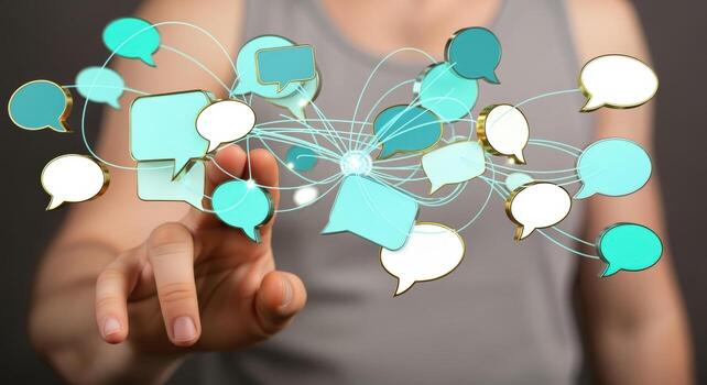Communication Network Concept Hand Touching Digital Speech Bubbles Representing Connectivity and Social Media Interaction photo