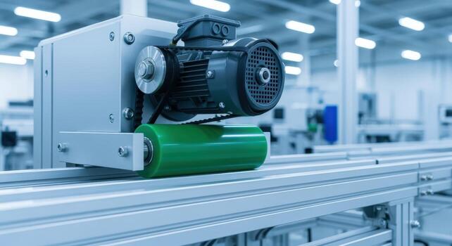 Automated Conveyor System Detail with Motor, Belt, and Roller for Manufacturing Efficiency and Production photo