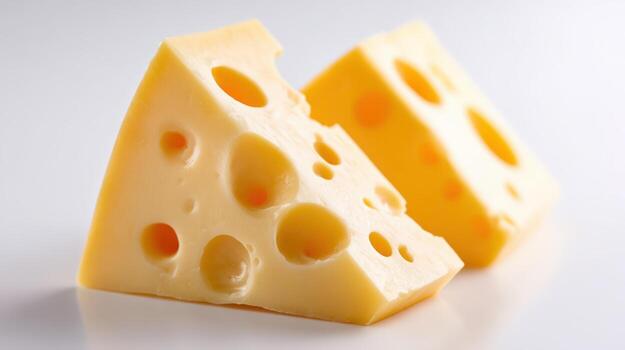dos triangular bloques de suizo queso demostración agujeros y cremoso textura en contra blanco antecedentes foto