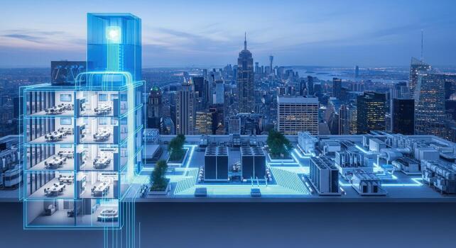 Smart Building Technology with Digital Layer in Cityscape, High-Rise Building Integrated with Futuristic System photo