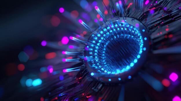 Abstract Fiber Optic Network Connection with Glowing Lights, Technology and Connectivity Concept photo