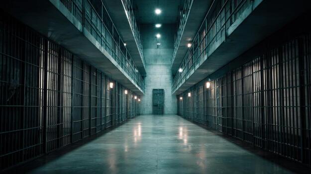 Eerie Jail Cell Corridor with Rows of Bars and Dim Lighting in a Correctional Facility photo