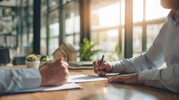 Real Estate Closing Client Signing Contract at Office with House Model and Blurred Background photo