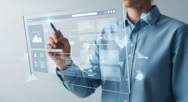 Interactive Interface Design Man Utilizing Digital Screen for UXUI Development and Data Visualization photo