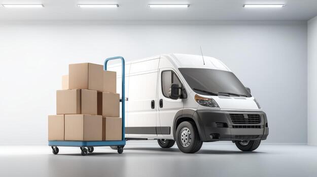 Delivery Van with Stacked Boxes on a Dolly, Ready for Transport in a White Room photo