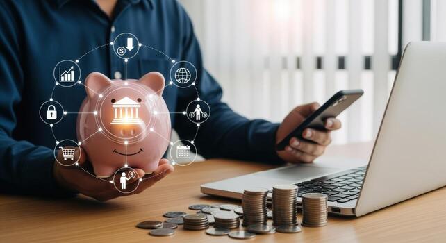 Online Banking Piggy Bank Savings with Mobile App, Secure Transactions and Financial Growth Concept photo