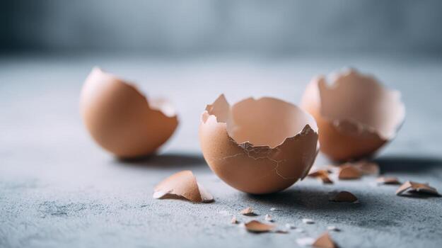 Macro Shot of Broken Eggshells on a Textured Gray Surface, Minimalist Food Still Life photo