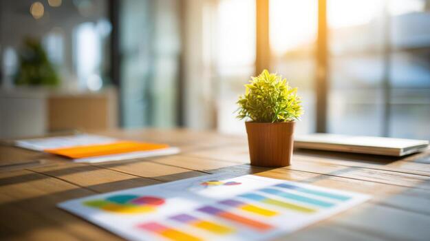 Workplace with Plant and Financial Data Office Productivity and Growth Visualization Concept photo