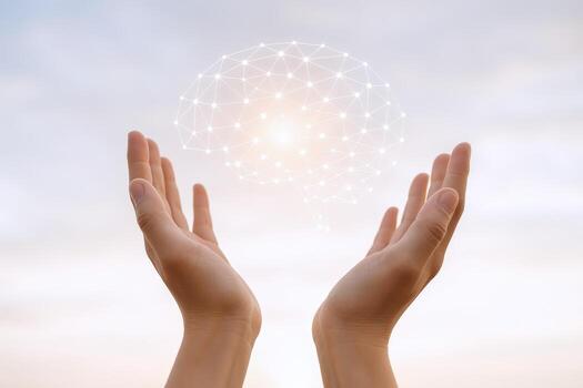 Brain Power Conceptual Image with Hands Holding Digital Brain Network Over Sky, Mental Health and Artificial Intelligence photo