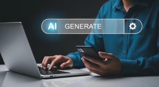AI-Powered Content Creation Man Using Laptop and Smartphone to Generate Artificial Intelligence Content photo