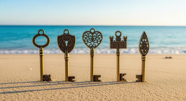 Collection of decorative antique skeleton keys on a sandy beach with the ocean in the background photo