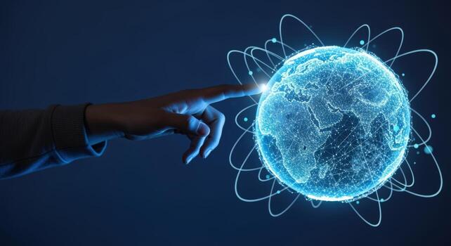 Global Network Connection Hand Touching Digital Earth Globe with Data Streams and Futuristic Technology photo