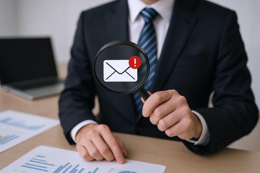 Businessman Analyzing Email Notification Icon Through Magnifying Glass, Focused on Information Management and Communication Strategy photo